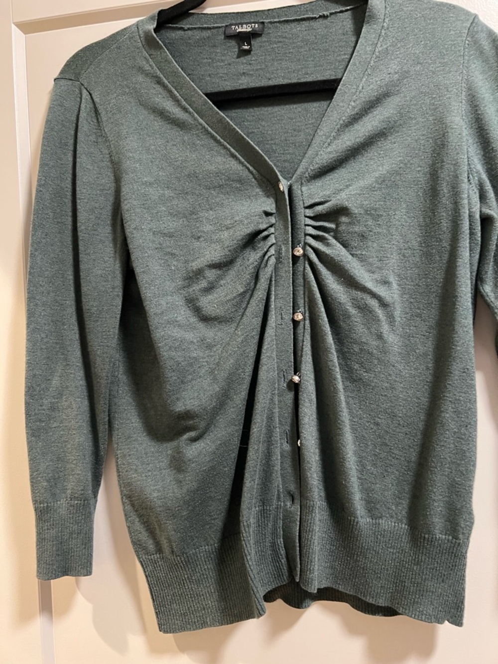 Talbots Moss Green Ruched V-Neck Button Cardigan